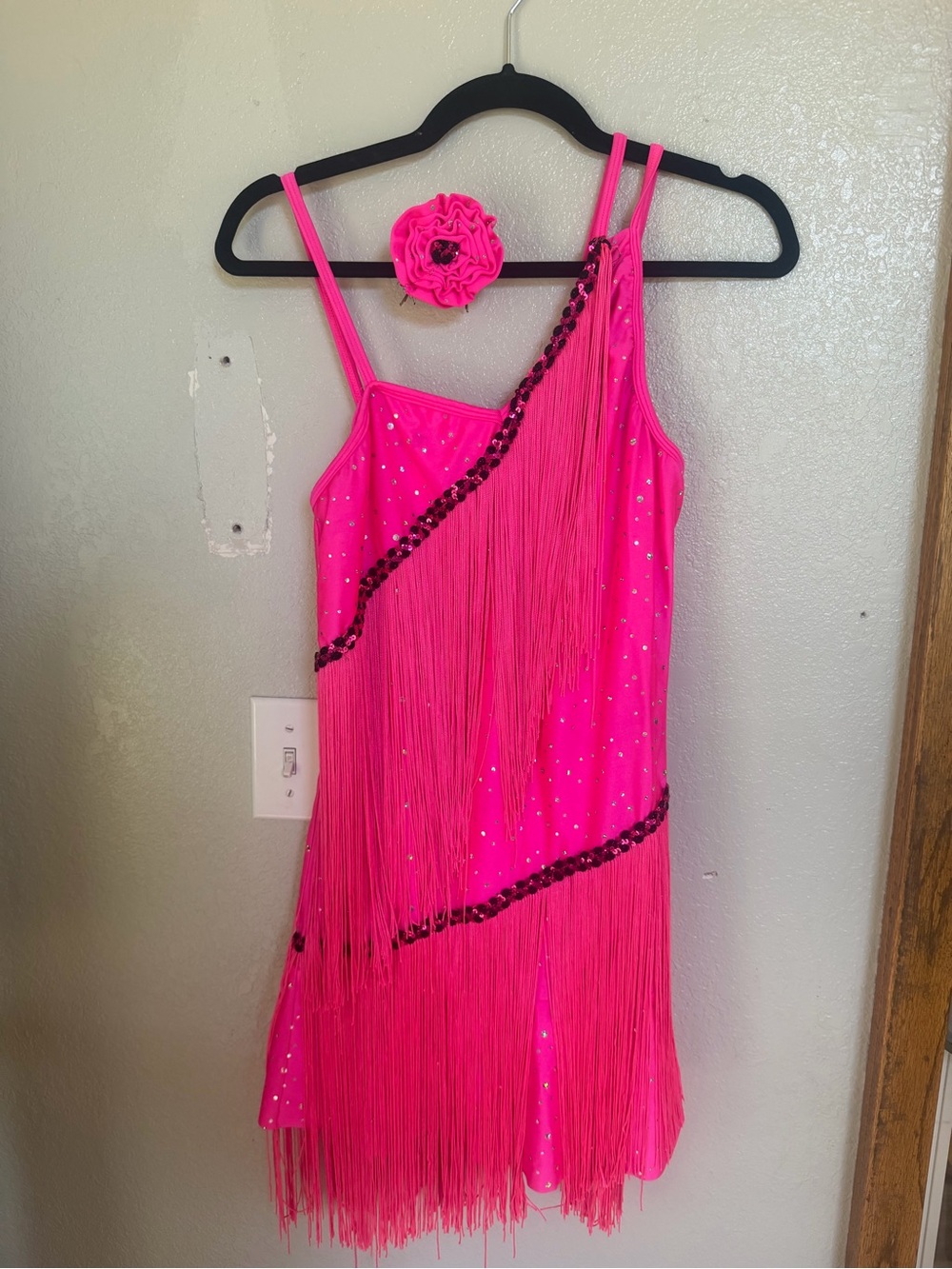 Girls Pink and Black Fringe Dress with Flower Hair Piece
